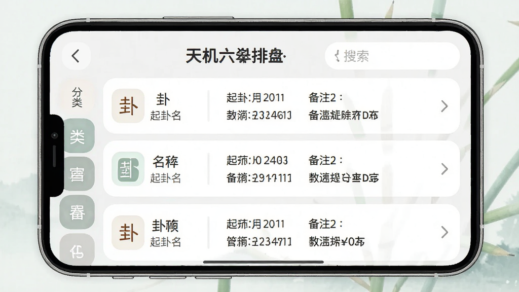 一张展示天机六爻排盘卦例管理功能的图片,画面中是一个手机应用界面,显示卦例列表,每条卦例包含卦名、起卦时间、备注等信息,界面左侧有分类标签,右侧有搜索框,整体布局清晰,风格柔和圆角,细节精致,画质高清,干净无多余元素