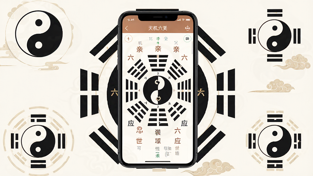 一张展示天机六爻排盘软件核心界面的图片,画面中央是手机屏幕,屏幕内显示六爻排盘结果,包含六十四卦卦象、六亲、六神、世应等标注信息,周围环绕着传统易学元素如太极图、八卦符号,整体布局简洁清晰,风格为现代扁平化与传统中国风结合,细节精致,画质高清,干净无多余元素