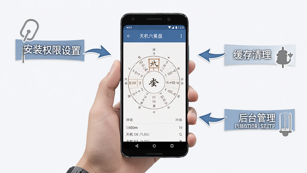 一张展示天机六爻排盘在安卓手机上运行的操作示意图,画面中一只手拿着手机,手机屏幕显示排盘结果页面,旁边有箭头标注安装权限设置、缓存清理、后台管理等操作要点,布局清晰,风格简约商务,细节精致,画质高清,干净无多余元素