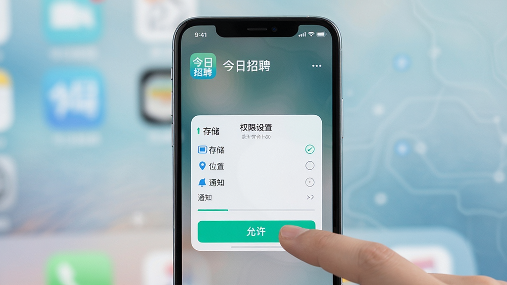 一部智能手机屏幕显示今日招聘APP的权限设置界面与安装进度条,画面中有手指点击“允许”按钮的动作,背景是简洁的桌面壁纸,布局为手机特写居中,风格为写实科技风,细节包括“今日招聘”应用图标、权限弹窗中的“存储”、“位置”、“通知”选项,画质清晰,干净无杂乱