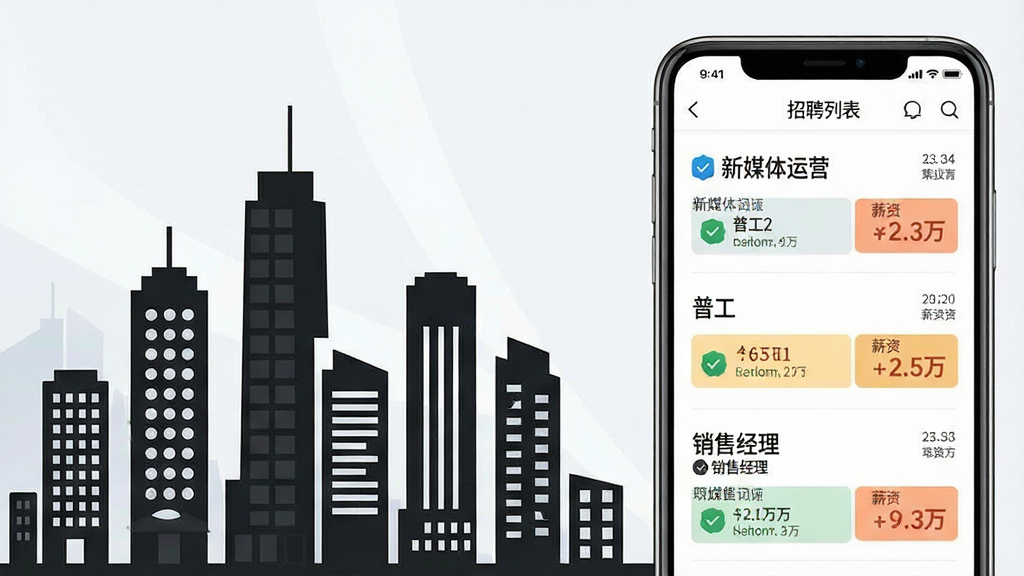 一幅展示企业集群与职位列表的创意合成图,画面左侧是各类企业大楼的剪影,右侧是手机屏幕显示今日招聘APP的职位列表,列表项包含“新媒体运营”、“普工”、“销售经理”等职位名称与薪资范围,布局为左右对比式,风格为商务简约风,细节包括企业认证标识、薪资高亮色块,画质清晰,无杂乱元素