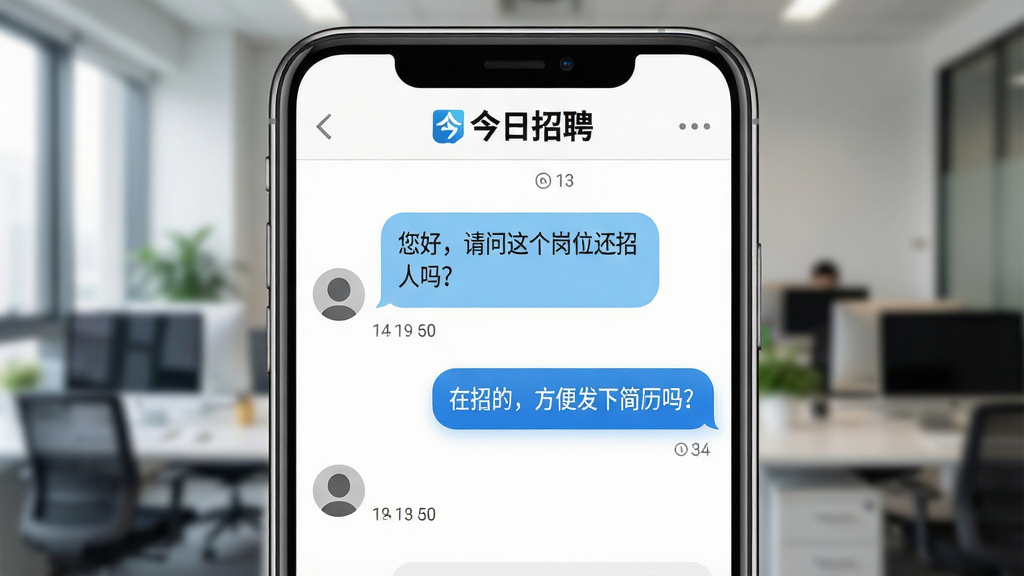 一张展示手机聊天界面的特写图,界面顶部显示“今日招聘”logo,聊天内容包含“您好,请问这个岗位还招人吗?”与“在招的,方便发下简历吗?”的对话气泡,背景是虚化的办公室场景,布局为手机屏幕居中,风格为写实UI风格,细节包括已读小字提示、时间戳、头像轮廓,画质高清,干净简洁