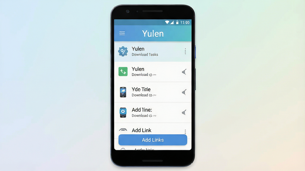 一张干净的安卓手机屏幕展示Yulen软件主界面,顶部有“Yulen”文字标识,中间是下载任务列表,底部有添加链接按钮,背景为浅色渐变,风格简洁现代,细节清晰,画质干净,无多余元素