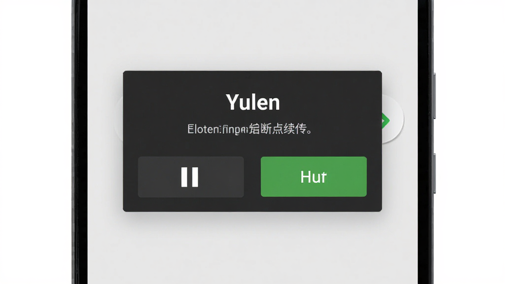 安卓手机屏幕上展示“Yulen”软件的断点续传提示弹窗,画面中有暂停和继续按钮,背景为浅灰色,界面简洁,文字清晰,画质干净,无多余元素