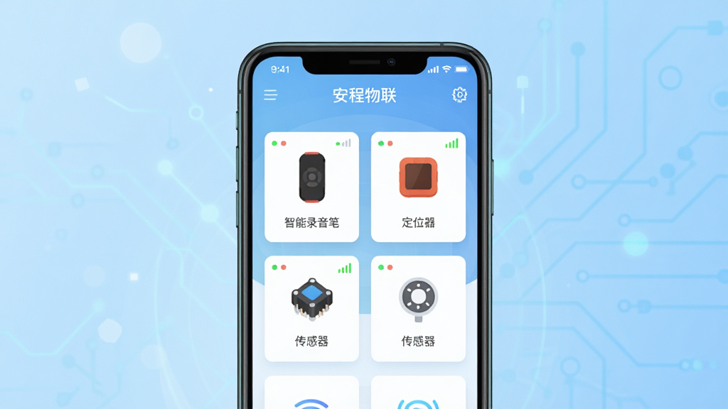 安程物联软件主界面展示图,画面中央是手机屏幕,屏幕内呈现安程物联APP的设备管理面板,包含智能录音笔、定位器、传感器等设备图标整齐排列,背景为浅蓝色科技感渐变,布局简洁清晰,风格为现代扁平化UI设计,细节包括状态指示灯、信号强度标识,画质高清,干净无多余元素