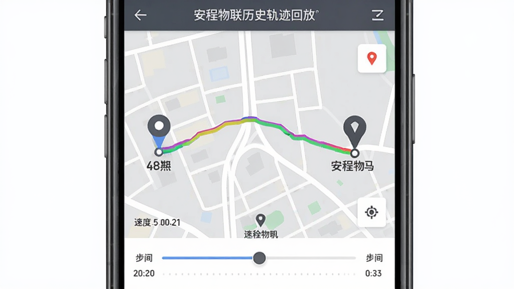 安程物联历史轨迹回放界面图,画面为手机屏幕内嵌地图,地图上绘制出一条彩色轨迹线,起点和终点带有标记,底部有时间轴滑块,背景为浅灰色地图底图,布局为上下结构,风格为现代地图应用风格,细节包括速度数值和定位图标,画质清晰,干净无多余元素