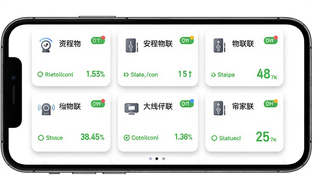 安程物联多设备管理界面示意图,画面展示一部手机横向放置,屏幕中列出多个设备卡片,每个卡片带有设备名称、图标和状态信息,背景为纯白色,布局为网格状排列,风格为清新简约商务风,细节包括彩色状态标签和微阴影效果,画质清晰,干净无多余元素