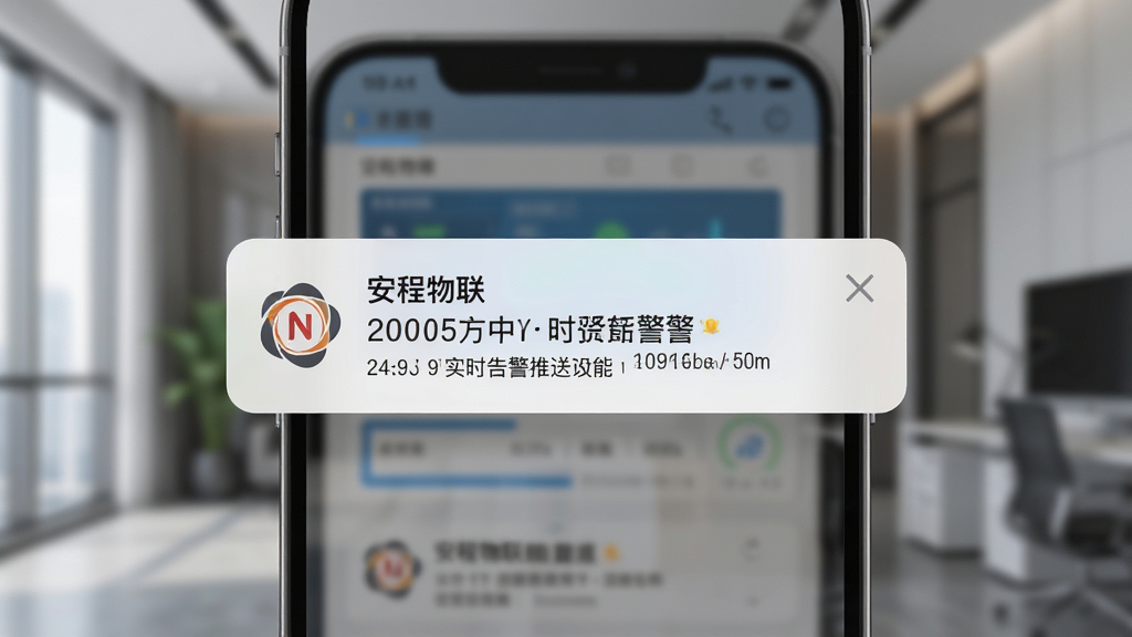 安程物联实时告警推送功能展示图,画面中手机屏幕弹出通知横幅,横幅内显示安程物联图标和告警文字,背景为模糊的室内场景,布局突出通知内容,风格为写实科技感,细节包括时间戳和设备名称,画质高清,干净无多余元素