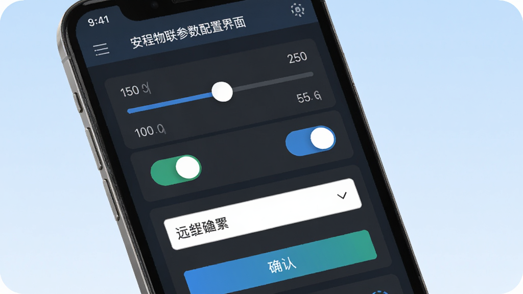 安程物联远程参数配置界面图,画面中手机屏幕显示设置面板,包含滑动条、开关按钮和下拉菜单,背景为淡蓝色渐变,布局为列表式排布,风格为简洁工具类应用风格,细节包括数值刻度和确认按钮,画质高清,干净无多余元素
