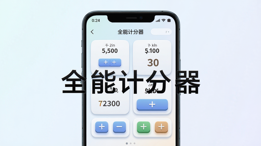 主体为一部安卓手机,手机屏幕显示全能计分器应用主界面,界面中有多个玩家分数卡片和加减按钮,布局居中,排版为手机正面展示,风格为简约科技风,细节包括分数数字清晰可见、按钮有立体感、背景为浅色渐变,画质为高清渲染,干净无多余元素,图片中打文字“全能计分器”