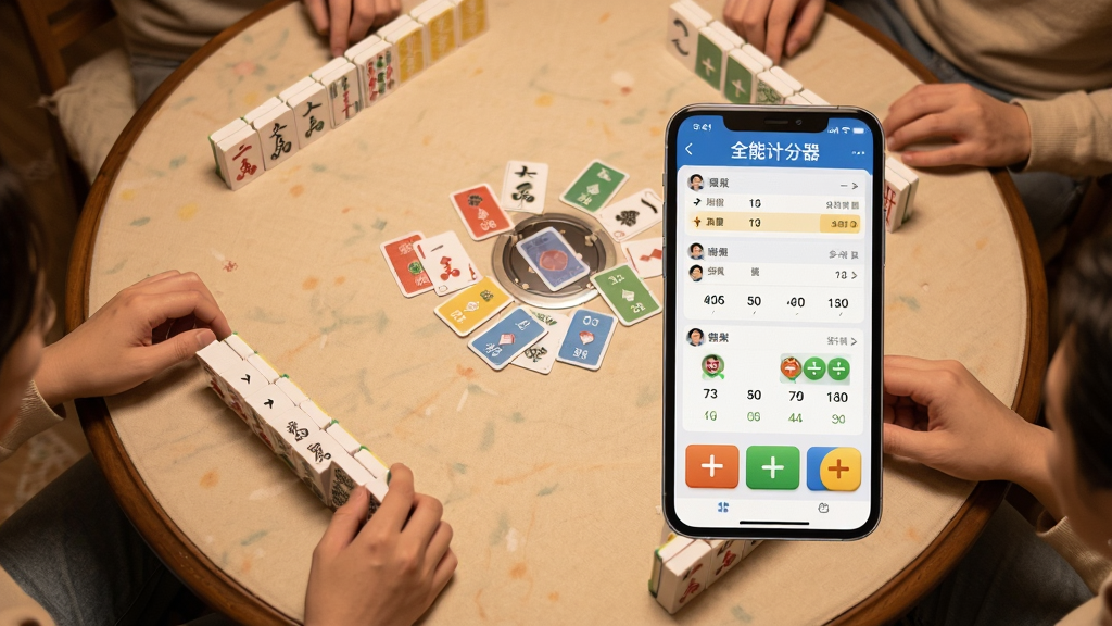 主体为一张圆桌上摆放着棋牌和手机,手机屏幕显示全能计分器多人计分界面,布局为俯视角度,排版为手机与棋牌并列展示,风格为温馨生活场景,细节包括多个玩家名字和分数显示、彩色分数卡片、加减按钮醒目,画质为高清摄影感,干净无多余元素,图片中打文字“全能计分器”