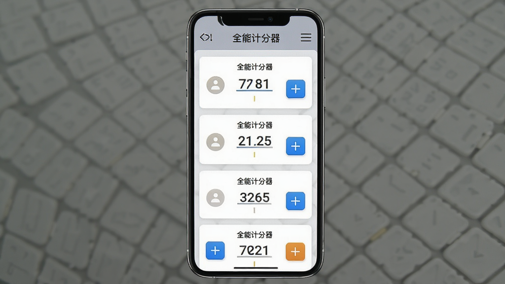 主体为手机屏幕显示全能计分器计分进行中的界面,布局为手机竖屏展示,排版为多个玩家分数卡片纵向排列,风格为简洁实用风,细节包括分数数字高亮、加减按钮清晰、顶部有撤销和菜单图标,画质为高清截图风格,干净无多余元素,图片中打文字“全能计分器”