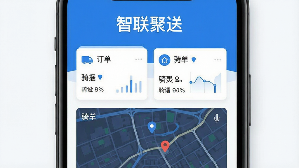 一张展示手机屏幕界面的图片,画面中央是配送管理应用的主页,顶部显示“智联聚送”四个大字,下方排列订单卡片和骑手位置地图,整体布局清晰,采用扁平化设计风格,细节包括蓝色主题色、图标简洁、数据图表直观,画质清晰干净无多余元素