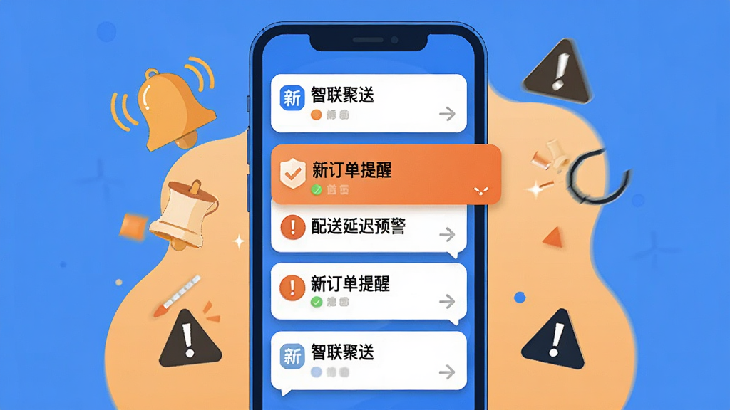 一幅AI生成的图片,画面中心是一部手机,屏幕弹出多条通知卡片,卡片上写着“智联聚送”和“新订单提醒”“配送延迟预警”等字样,手机周围有铃铛和警示图标点缀,整体布局为居中构图,风格为扁平化插画风,细节包括蓝色和橙色搭配,画质清晰干净无多余元素