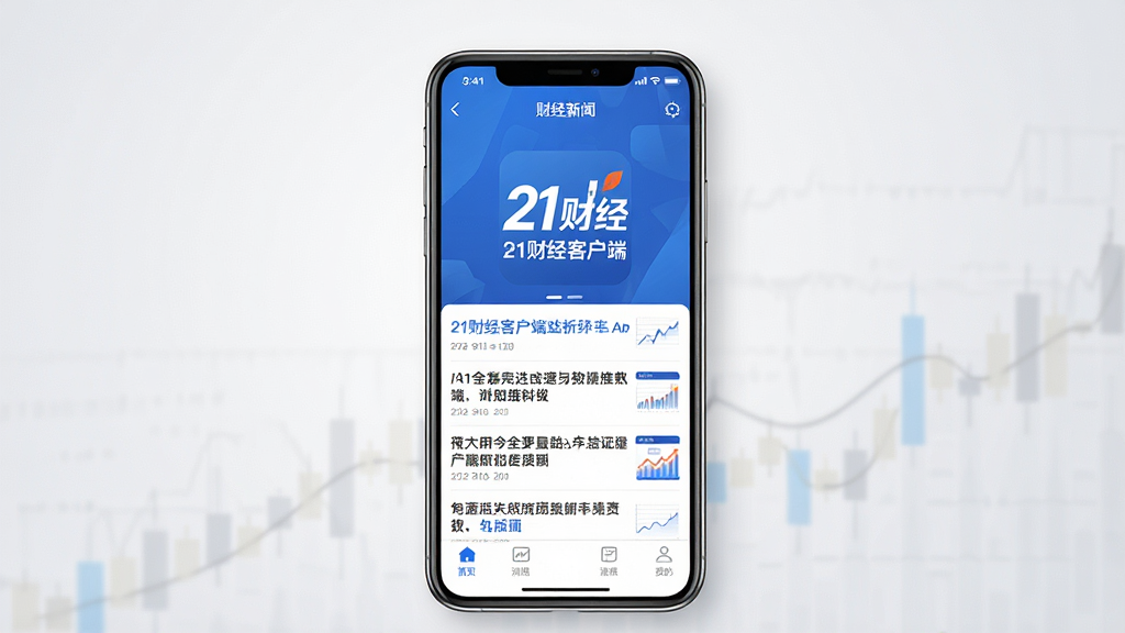一张展示21财经客户端首页界面的手机预览图,主体为竖屏智能手机,屏幕中央清晰显示21财经APP的标志和滚动财经新闻列表,布局采用居中构图,背景为简洁的浅灰渐变,风格现代商务,细节包含蓝色主色调、新闻标题文字和底部导航栏,画质高清,干净,无多余元素。