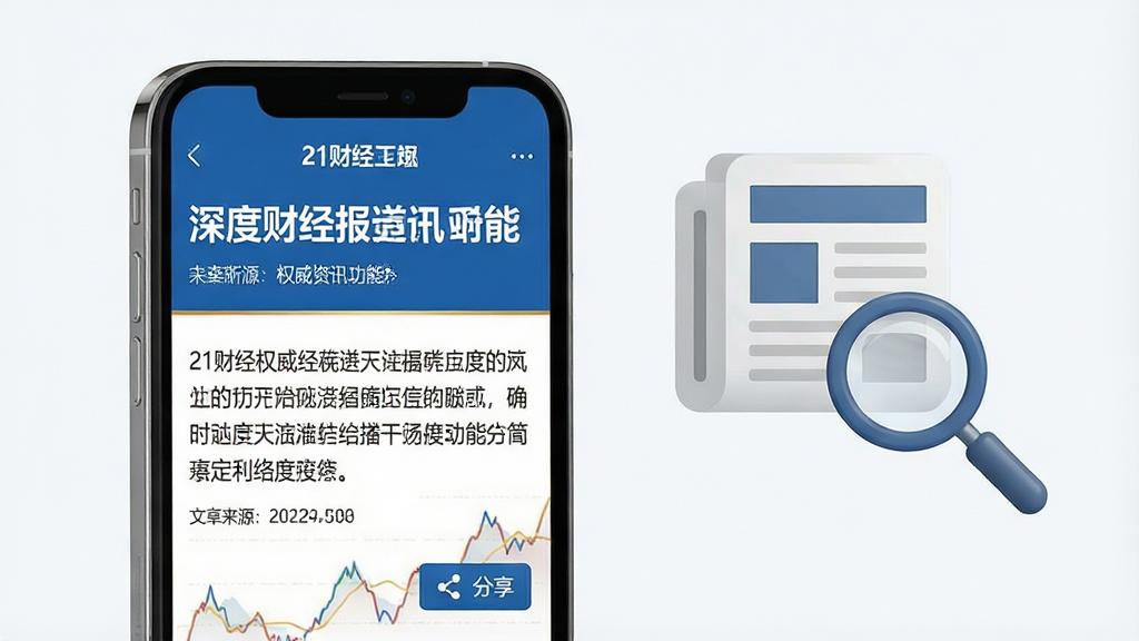 一张展示21财经权威资讯功能的画面,主体为手机屏幕显示深度财经报道文章,布局为左侧手机右侧漂浮的报纸和放大镜图标,排版采用上下结构,风格专业严谨,细节包含蓝色标题栏、文章来源标注和分享按钮,画质清晰,干净,无多余元素。