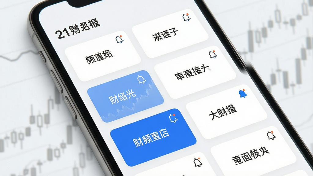 一张展示21财经个性化订阅功能的画面,主体为手机屏幕显示频道选择界面,布局采用卡片式排列多个财经标签,排版清晰有序,风格简约现代,细节包含选中状态的蓝色高亮和通知铃铛图标,画质高清,干净,无多余元素。