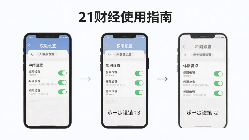 一张展示21财经使用指南的示意图,主体为手机屏幕显示权限设置界面,布局采用分步图示排列,排版简洁明了,风格扁平化,细节包含权限开关按钮和文字说明标签,画质清晰,干净,无多余元素。