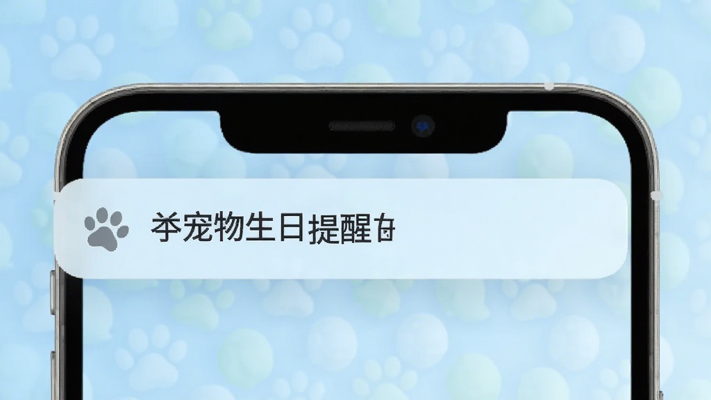 手机通知栏弹出一条提醒消息,内容为宠物生日提醒,旁边有一个小狗爪印图标,背景为浅蓝色渐变,界面简洁现代,高清画质,干净构图,无多余元素