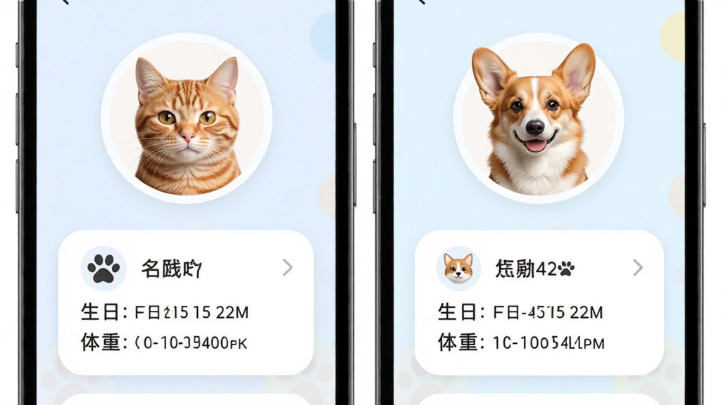 手机界面显示两个宠物头像标签,一个是橘猫一个是柯基犬,下方分别展示各自的档案卡片,包括名字、生日、体重等信息,界面布局清晰,柔和圆角设计,浅色背景,高清画质,干净整洁,无多余元素