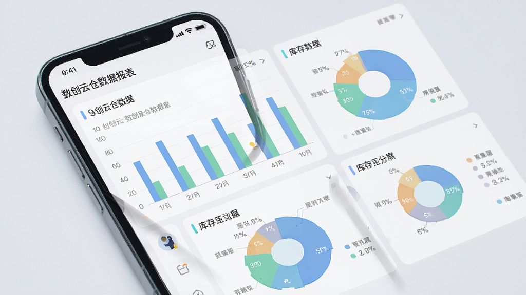 手机屏幕显示数创云仓数据报表页面,包含柱状图与饼图展示库存数据,界面配色清爽,背景为浅灰色,布局为手机正面展示,扁平化数据可视化风格,细节精致,画质干净,无多余元素