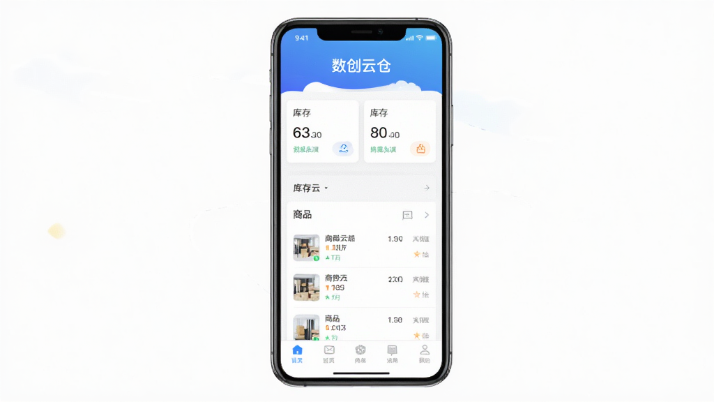 手机屏幕居中显示数创云仓软件主界面,上方为蓝色渐变标题栏写着