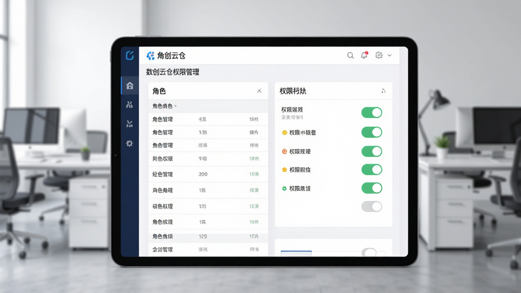 数创云仓权限管理界面展示在平板设备上,画面中包含角色列表与权限开关按钮,背景为简洁的办公室环境,布局居中,商务简约风格,细节清晰,画质干净,无多余元素