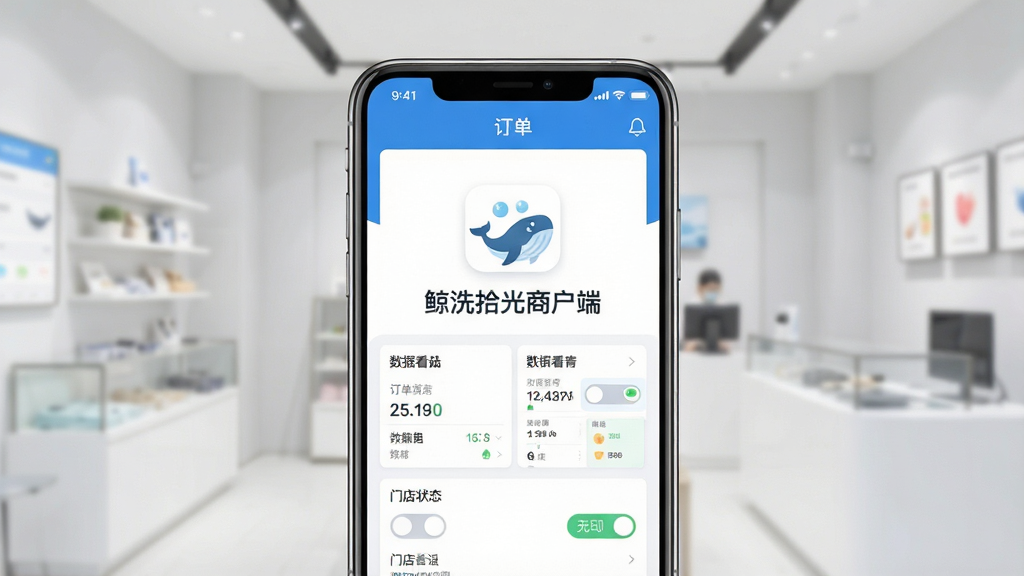 一张手机屏幕展示鲸洗拾光商户端应用主界面,画面中央是软件Logo和名称