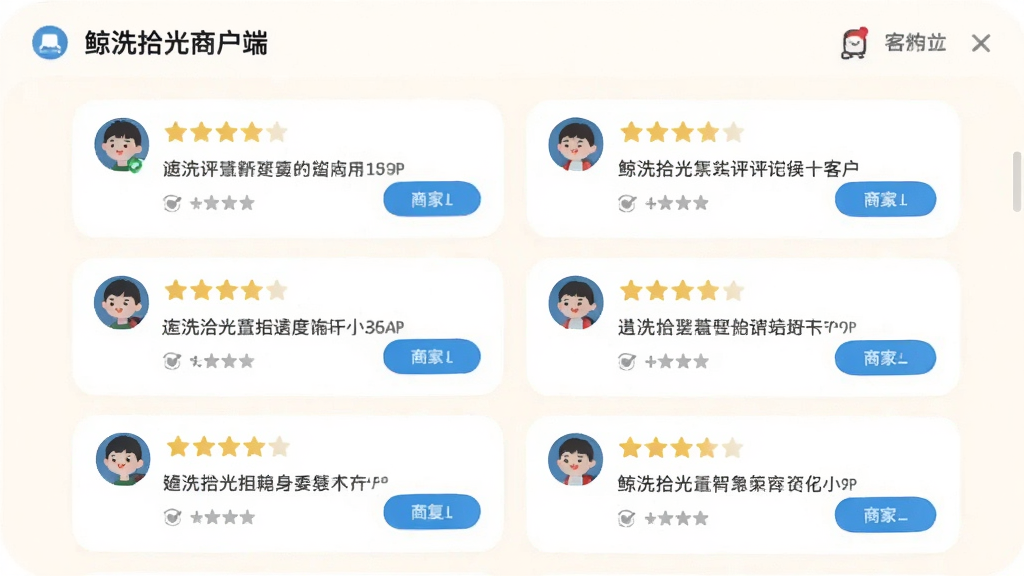 鲸洗拾光商户端客户评价管理界面,展示多条用户评价卡片,包含用户头像、星级评分、评价文字和商家回复按钮,界面采用卡片式布局,圆角设计,浅色背景,风格友好亲和,画质干净,无多余元素