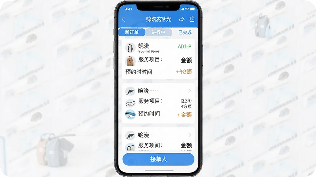 一张手机界面截图,展示鲸洗拾光商户端订单列表页面,顶部有