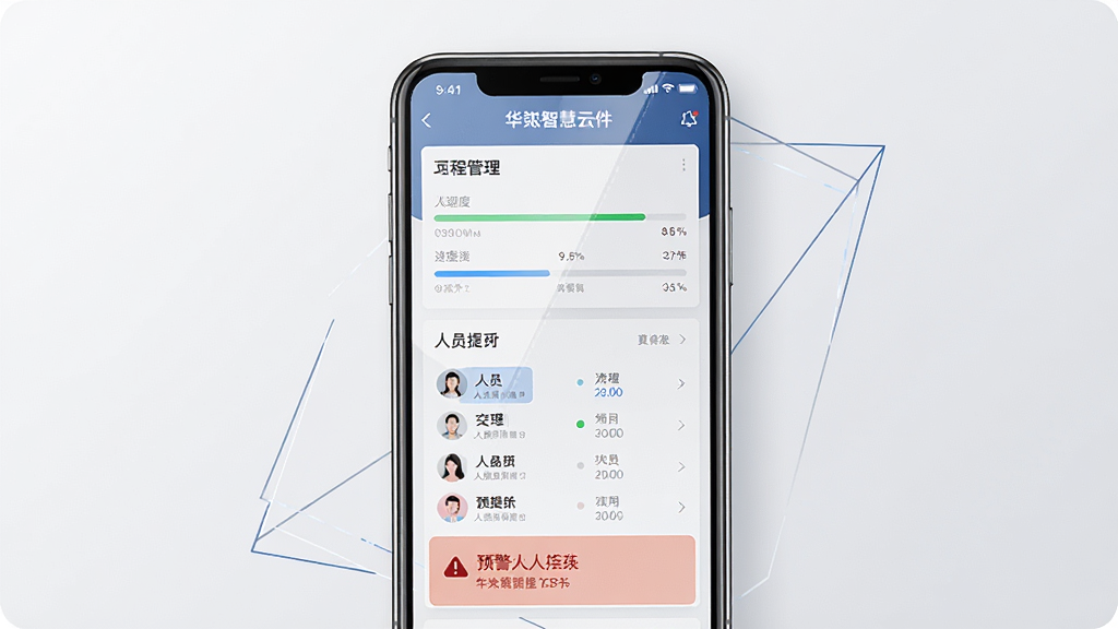 一张展示华智慧云软件界面的手机应用截图,主体为一部智能手机,屏幕显示工程项目管理仪表盘,包含进度条、人员列表和预警提示,布局为居中展示,背景为干净的浅灰渐变,风格为现代商务科技感,细节上屏幕有轻微反光,周围有简洁的几何线条装饰,画质高清,干净,无多余元素