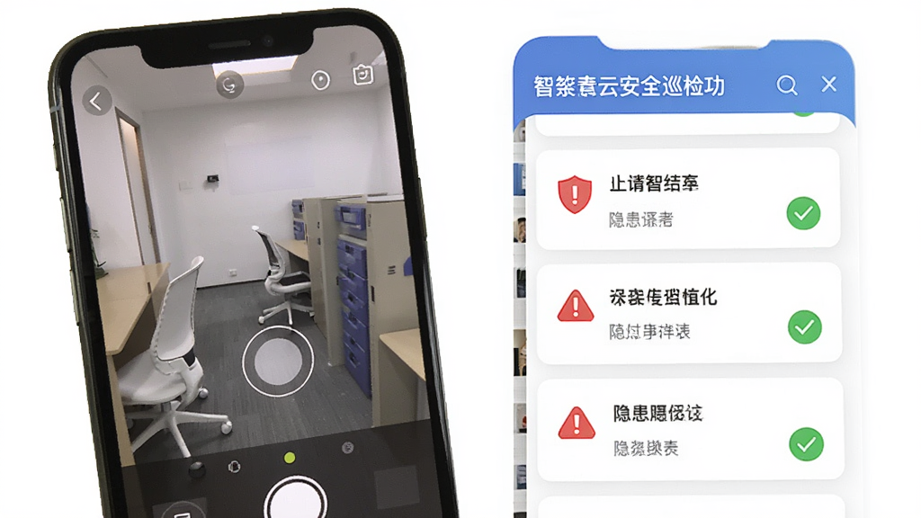 一张展示华智慧云安全巡检功能的手机界面图,主体为手机屏幕显示拍照上传和隐患列表,布局为卡片式排列,风格为清新简洁,细节上有红色警告图标和绿色通过标签,画质高清,干净,无多余元素