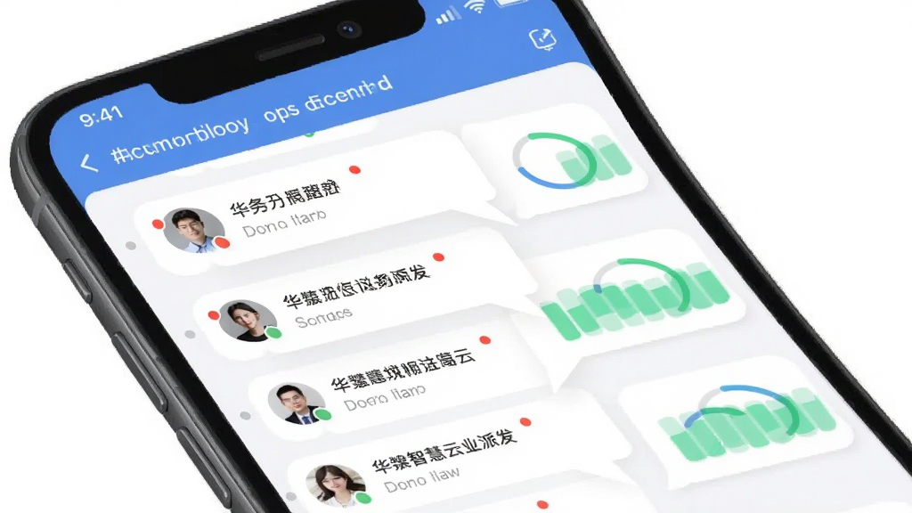 一张展示华智慧云任务派发与协同界面的手机截图,主体为手机屏幕显示任务列表和人员头像,布局为列表加聊天气泡样式,风格为扁平化设计,细节上有未读红点和进度环,画质清晰,干净,无多余元素
