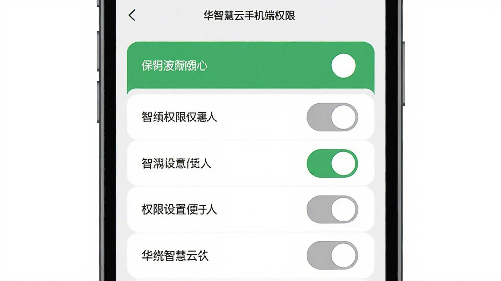 一张展示华智慧云手机端权限设置界面的示意图,主体为手机屏幕显示权限开关列表,布局为纵向排列,风格为简洁扁平,细节上有绿色开启按钮和灰色关闭按钮,画质清晰,干净,无多余元素