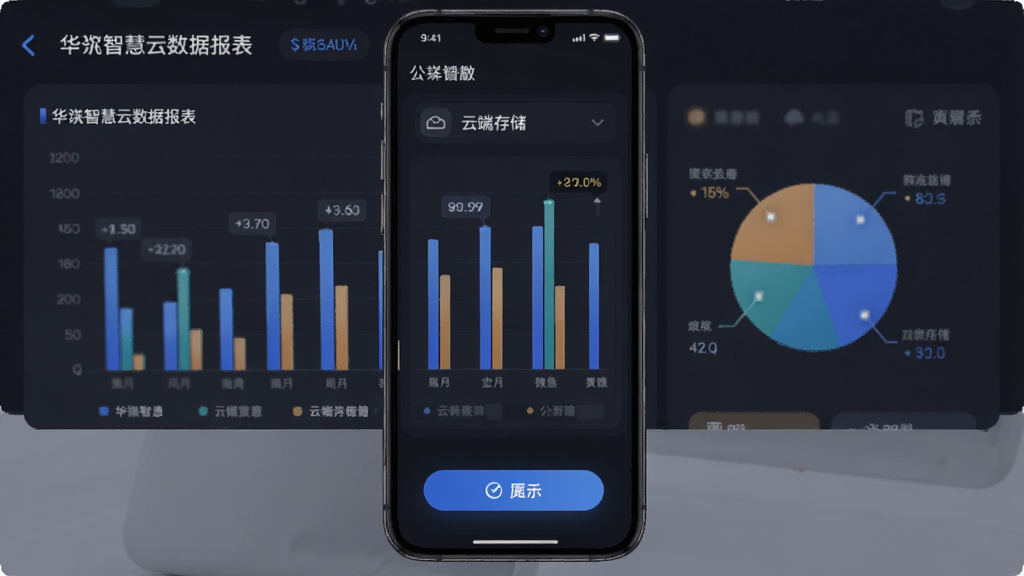 一张展示华智慧云数据报表与云端存储功能的界面图,主体为手机屏幕显示柱状图和饼图,布局为上下分区,风格为商务深色模式,细节上有数据标签和刷新按钮,画质高清,干净,无多余元素