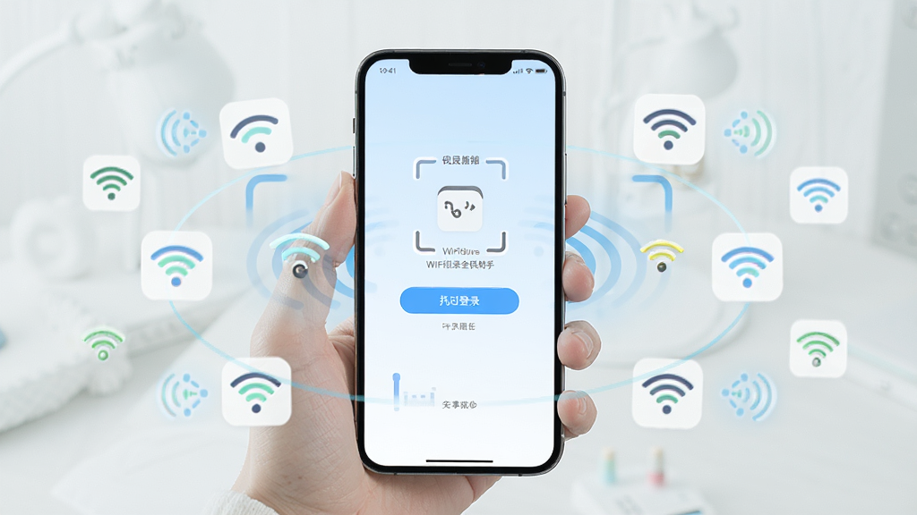 一张展示WiFi钥匙全民助手免登录使用流程的图片,画面中手机屏幕显示应用启动页,中央有跳过登录按钮,周围环绕扫描动画与WiFi图标。整体风格为清新浅色系,构图简洁,细节到位,画质清晰,无多余元素。