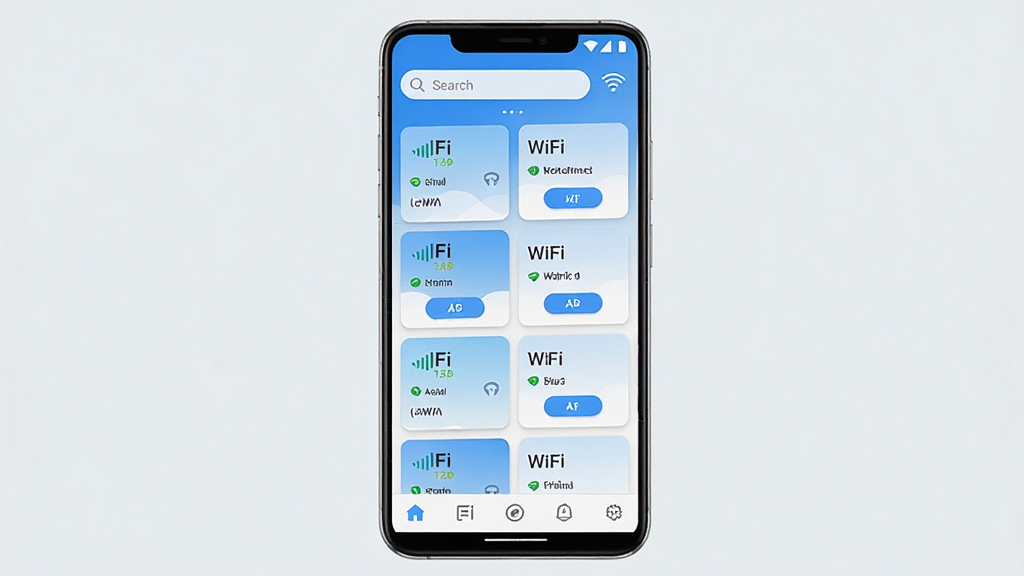 一张展示WiFi钥匙全民助手软件主界面的手机截图风格图片,画面中央是一部竖屏安卓手机,屏幕中显示应用首页,顶部有搜索框和信号图标,中间排列多个可用WiFi热点卡片,每张卡片标注信号强度与连接按钮,底部为导航栏。整体采用蓝白渐变配色,风格简洁清爽,细节清晰,画质干净,无多余元素。