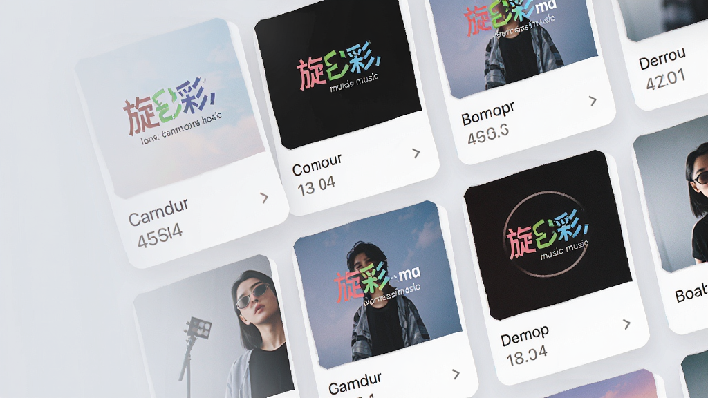一张展示旋彩music歌单管理界面的图片,手机屏幕中显示多个歌单封面与歌曲数量,界面采用卡片式排列,背景为柔和浅灰色,风格简洁清新,细节清晰,画质高清,无多余元素