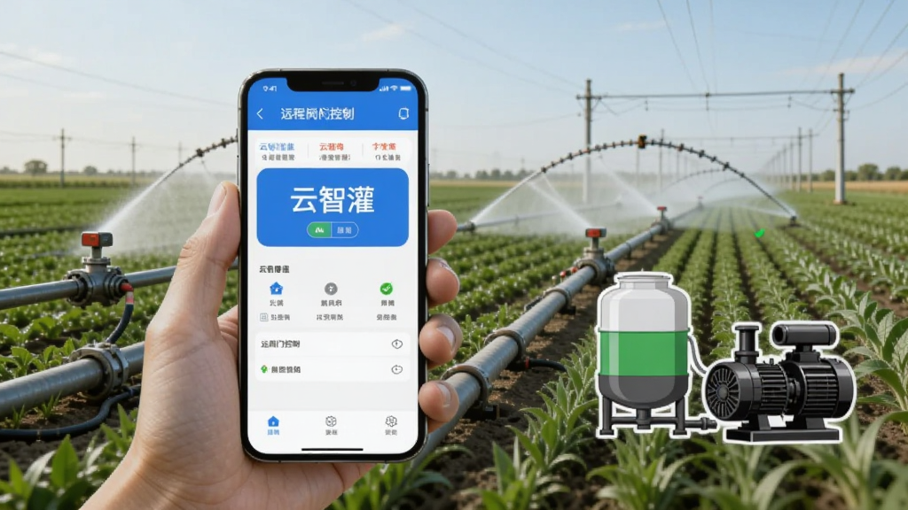 画面主体为一只手持智能手机,屏幕显示“云智灌”远程阀门控制界面,背景是广阔的农田与正在喷灌的管道,画面右侧有施肥罐与水泵简图,采用写实农业科技风格,构图采用三分法,光线明亮,细节丰富,画质清晰,干净无杂乱元素