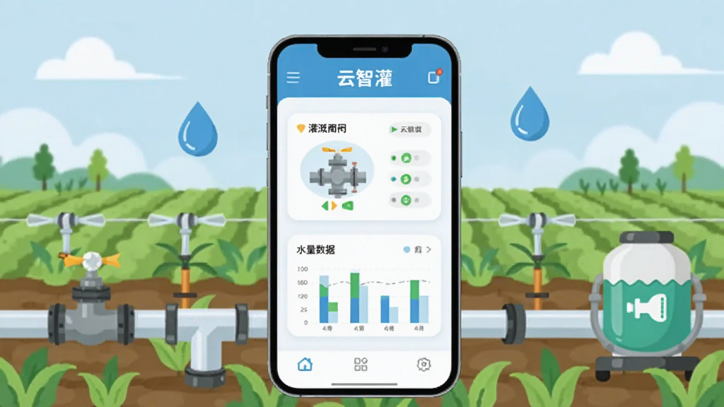 画面中央放置一部智能手机,屏幕显示“云智灌”软件主界面,界面内有灌溉阀门控制卡片与水量数据图表,手机周围环绕绿色农田、灌溉管道、施肥罐与水滴元素,背景为浅蓝色天空与远处农田,采用扁平化科技农业风格,整体布局左右均衡,细节清晰,画质干净,无多余元素