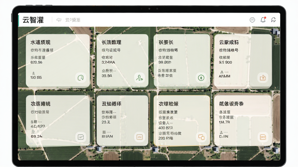 画面为“云智灌”多地块分组管理界面,屏幕内显示多个农田区块卡片,每个卡片标注作物名称与设备数量,背景为航拍视角的农田拼接图,采用简洁商务风格,布局网格化,色彩柔和,细节清楚,画质干净,无多余元素