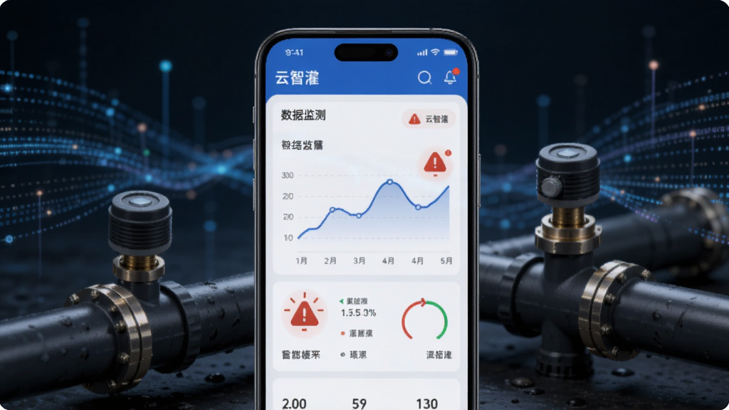 画面主体为手机屏幕显示“云智灌”数据监测面板,面板上有折线图与报警提示图标,手机旁有灌溉管道与传感器元件,背景为深色科技感数据流线条,采用现代UI风格,构图居中,细节清晰,画质干净,无多余元素