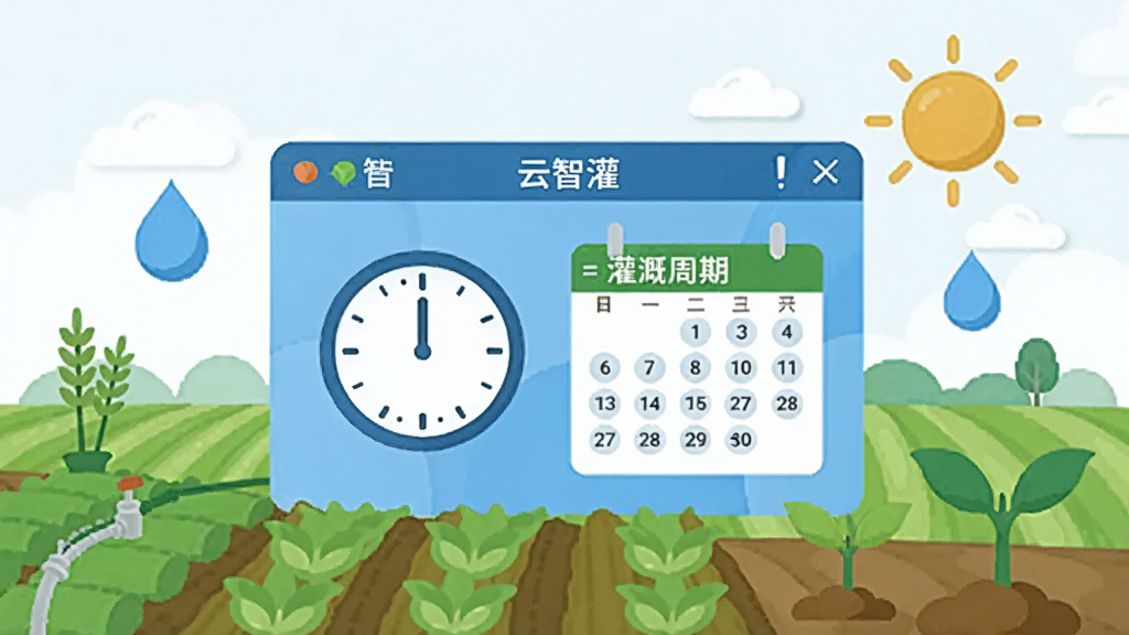 画面中央为“云智灌”软件定时灌溉设置界面,界面中显示时钟图标与灌溉周期日历,周围环绕农田、水滴、太阳与作物幼苗,采用清新扁平插画风格,布局上中下结构,色彩以蓝绿为主,细节简洁,画质干净,无多余元素