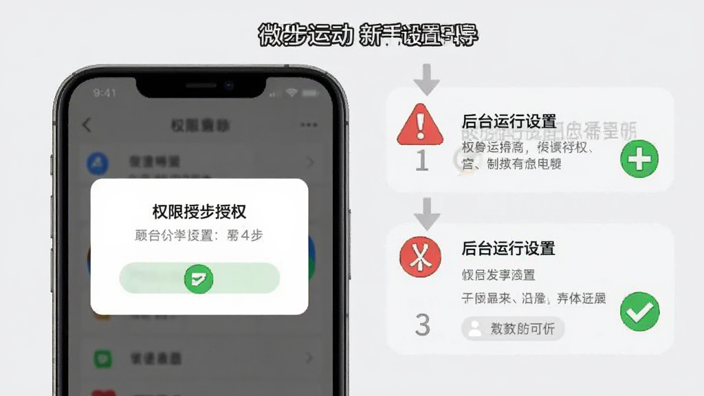 微步运动新手设置引导界面,主体为手机屏幕显示权限授权弹窗和后台运行设置步骤,背景为淡灰色,布局为分步图示,风格教程指导风,细节包含红色警示图标和绿色对勾,画质高清,干净无多余元素