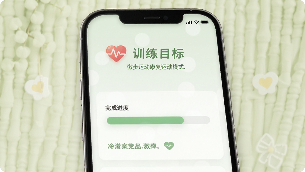 微步运动康复运动模式界面,主体为手机屏幕显示康复训练计划和进度条,背景为温馨的浅绿色调,布局上方为训练目标下方为完成进度,风格柔和医疗健康风,细节包含心率图标和鼓励文字,画质高清,干净无多余元素