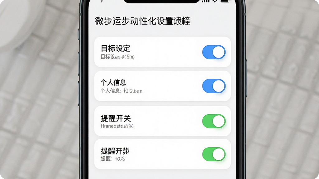 微步运动个性化设置界面,主体为手机屏幕显示设置选项列表,包含目标设定、个人信息、提醒开关等,背景为简约白色,布局为垂直列表排列,风格极简实用风,细节包含彩色开关按钮和清晰文字标签,画质高清,干净无多余元素