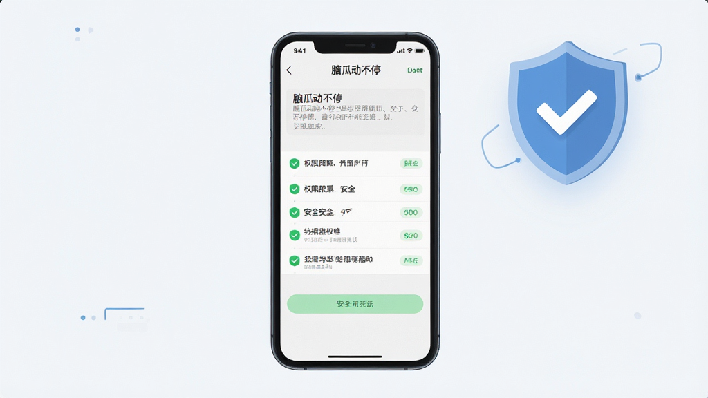 一张表现“脑瓜动不停”安装与使用注意事项的图片,画面为手机屏幕显示权限设置界面,旁边配有一个盾牌与对勾图标,布局上手机位于画面中央、盾牌图标悬浮在右上角,风格为简洁科技扁平风,细节包含权限列表文字、绿色安全标识,画质高清、干净、无多余元素