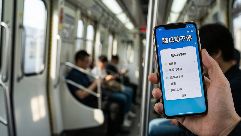 一张表现“脑瓜动不停”离线畅玩特性的图片,画面为一只手拿着手机坐在行驶的地铁车厢中,手机屏幕显示“脑瓜动不停”答题界面,布局上人物手部与手机位于画面右侧、车厢背景虚化在左侧,风格为写实生活摄影风,细节包含车窗光影、屏幕明亮清晰,画质高清、干净、无多余元素