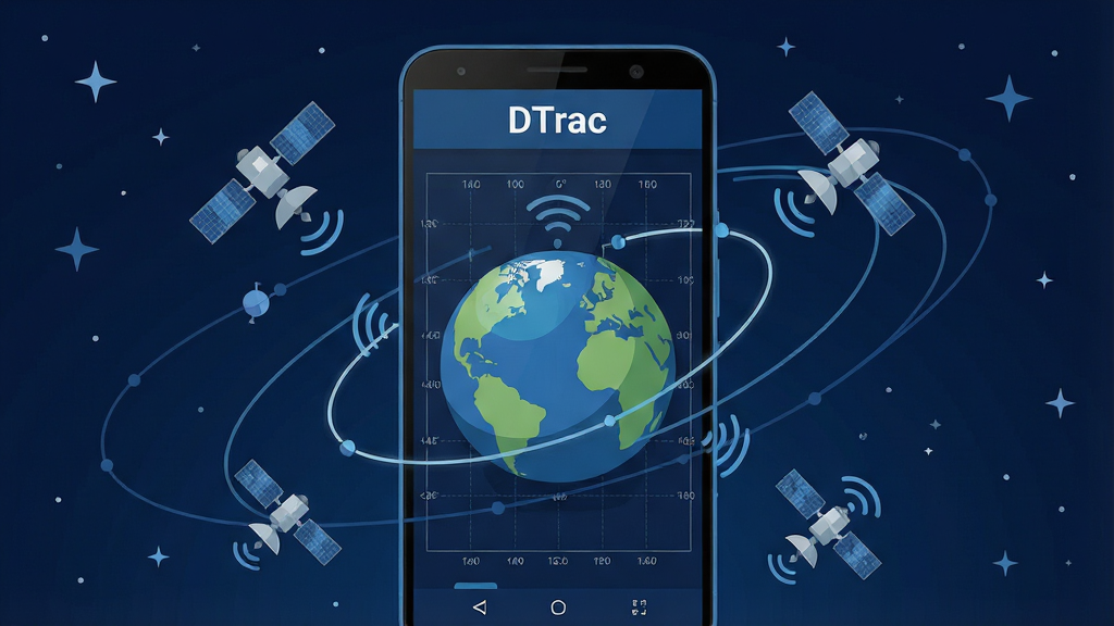 一张展示 DTrac 卫星追踪软件主界面的科技风插画,主体为一部竖屏安卓手机,屏幕中央显示地球三维模型与环绕运行的卫星轨迹线,界面顶部有