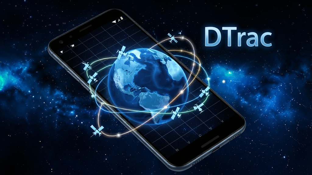 一幅展示 DTrac 实时卫星轨道追踪功能的 AI 生图,主体为一部安卓手机屏幕,屏幕内呈现蓝色地球模型与多条环绕的卫星轨道线,轨道上标注小卫星图标,手机旁边漂浮